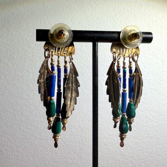 Tabra Tunoa Vintage Earrings - Malachite, Lapis Lazuli, and Gold-filled Leafs - Picture 4 of 6